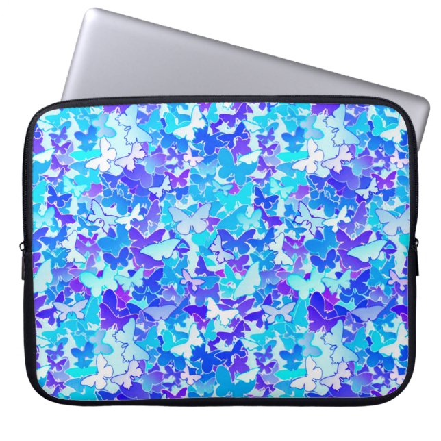 Butterflies, blauw, turquoise, lavender laptop sleeve (Voorkant)