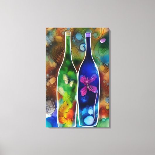 Butterflies, bloemen en flessen canvas afdruk (Voorkant)