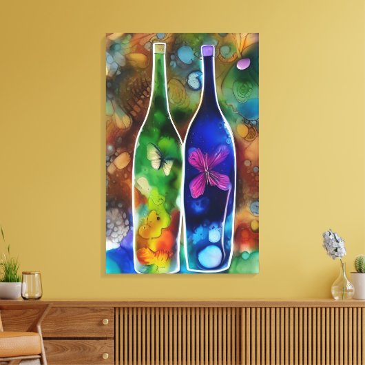 Butterflies, bloemen en flessen canvas afdruk (Insitu (Woonkamer))