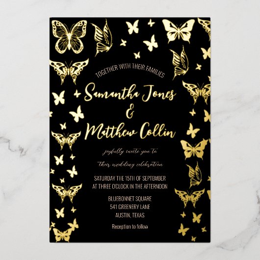 Butterflies Boho Black Gold Folie Wedding Folie Uitnodiging (Voorkant)