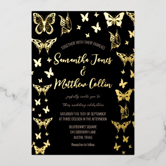 Butterflies Boho Black Gold Folie Wedding Uitnodiging (Voorkant)