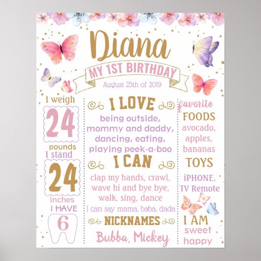 Butterflies Butterfly First Birthday-bordbord Poster (Voorkant)