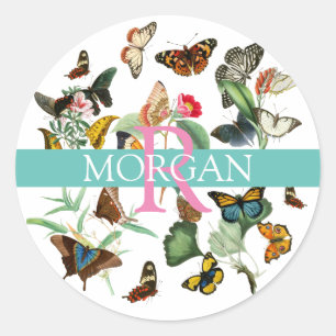 Butterflies DIY Monogram & Naam Blauwgroen/Wit Ronde Sticker
