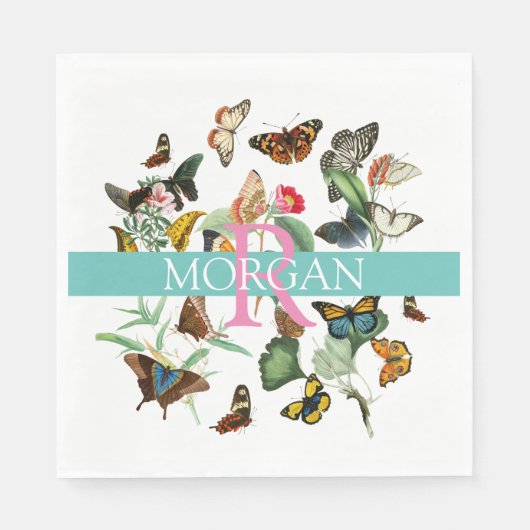  Butterflies DIY Monogram & Naam Blauwgroen/Wit Servet (Voorkant)