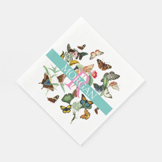 Butterflies DIY Monogram & Naam Blauwgroen/Wit Servet (Hoek)