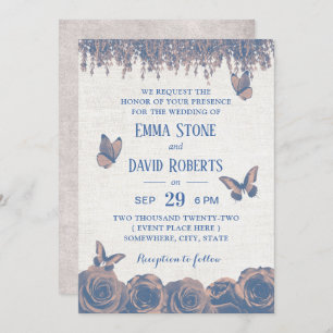  Butterflies Dusty Blue Floral Wedding Kaart