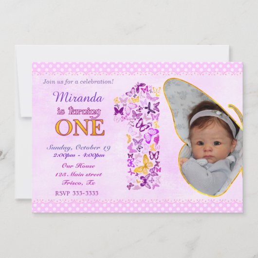 Butterflies Eerste Verjaardag Uitnodiging (Voorkant)