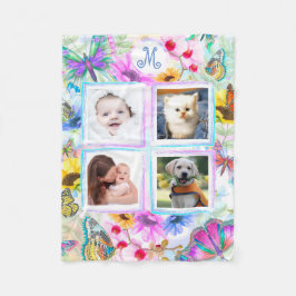 Butterflies en bloemen 4 Foto Collage Monogram Fleece Deken