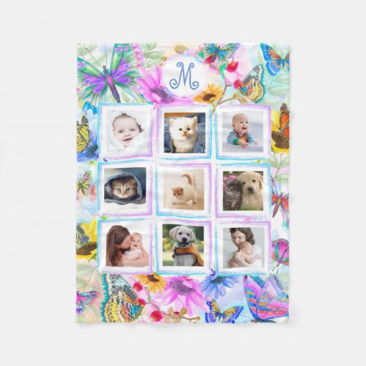 Butterflies en bloemen 9 Foto Collage Monogram Fleece Deken (Voorkant)