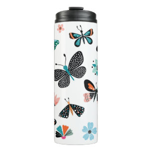 Butterflies en bloemen, met de hand getrokken coll thermosbeker
