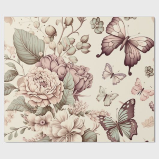 Butterflies en bloemen pasteldecor cadeaupapier (Vlak)