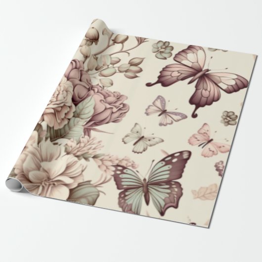 Butterflies en bloemen pasteldecor cadeaupapier (Uitgerold)