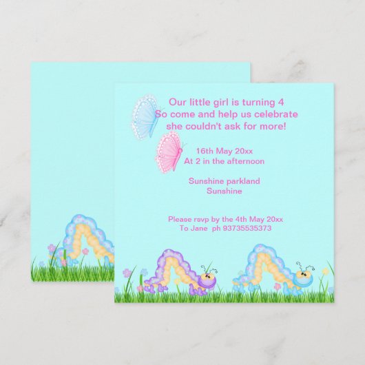 Butterflies en caterpilaren verjaardagsuitnodiging kaart (Voorkant / Achterkant)