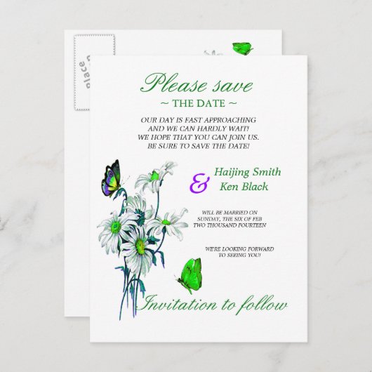 Butterflies en Daisies Green sparen de datum Aankondigingskaart (Voorkant / Achterkant)