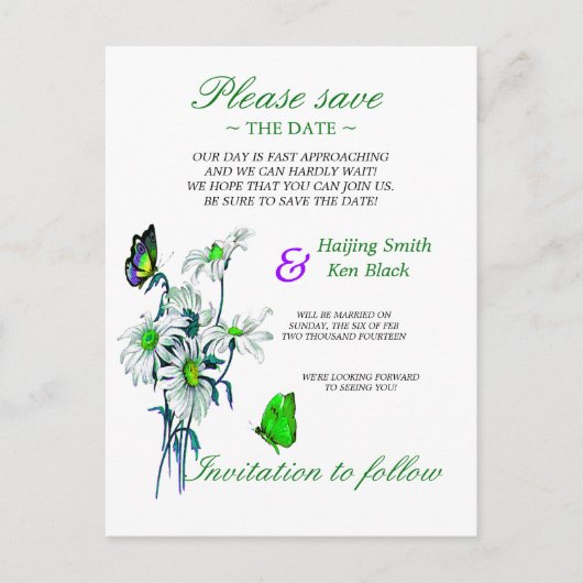 Butterflies en Daisies Green sparen de datum Aankondigingskaart (Voorkant)