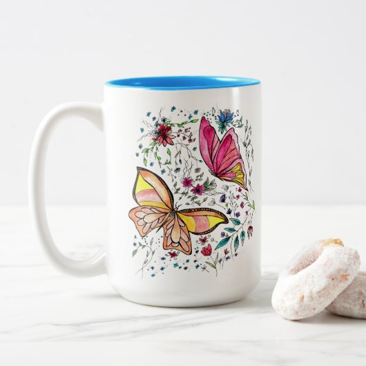 Butterflies en douanenaam tweekleurige koffiemok (Met donut)