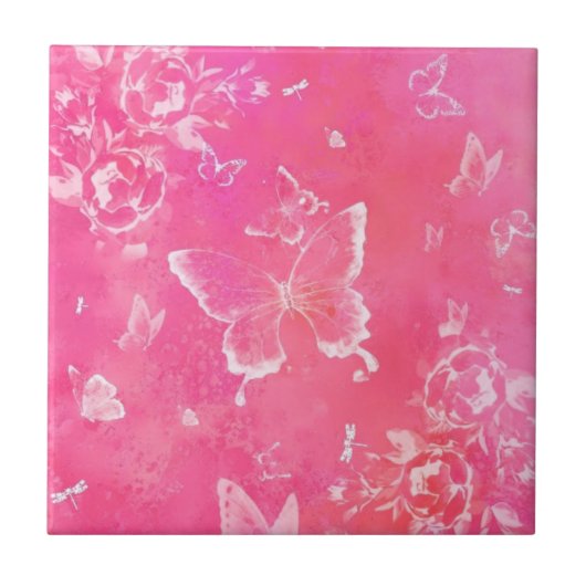 Butterflies en Flowers - Roze kunst Tegeltje (Voorkant)
