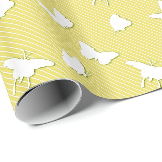 Butterflies en instripes - wit op geel cadeaupapier (Rol Hoek)