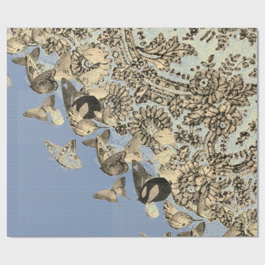 BUTTERFLIES EN KANTISCH LACE BLUE Wrapping Paper Cadeaupapier (Vlak)