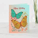 Butterflies en Leaders Friend Birthday Card Kaart<br><div class="desc">Twee prachtige handgetrokken vlinders en planten op een bord perzik- en jade-achtergrond. Links en rechts heeft lijst en planten. Verstrek het bericht van de geboorte. Deze kaart is perfect voor vrienden, collega's of iedereen waar je blije verjaardag aan wilt wensen. Afbeeldingen en tekst kunnen worden aangepast. Voel je vrij om...</div>