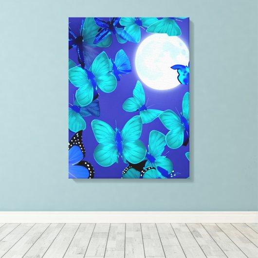 Butterflies en Moths in een Deep Blue Moonlit Sky Canvas Afdruk (Insitu (Houten vloer))
