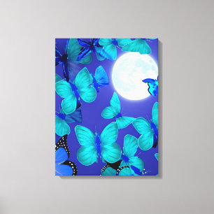 Butterflies en Moths in een Deep Blue Moonlit Sky Canvas Afdruk