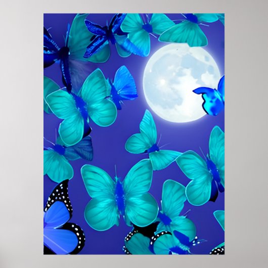 Butterflies en Moths in een Deep Blue Moonlit Sky Poster (Voorkant)
