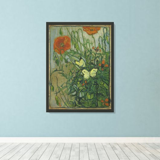 Butterflies en papavers van Vincent van Gogh Canvas Afdruk (Insitu (Houten vloer))