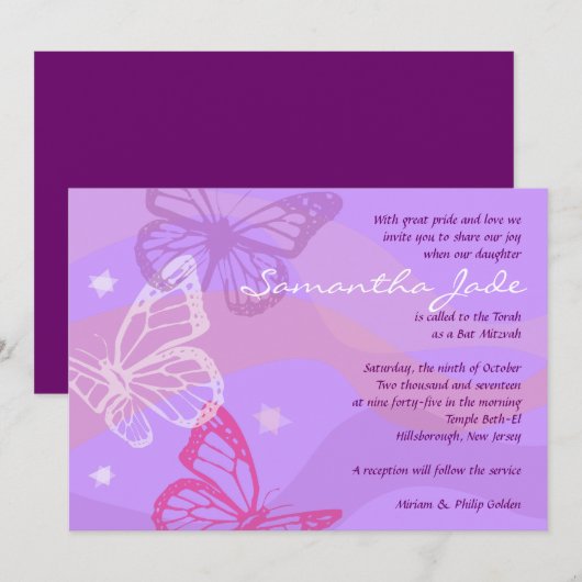 BUTTERFLIES EN STARS Bat Mitzvah Uitnodiging (Voorkant / Achterkant)