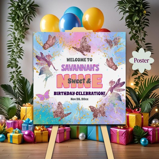 Butterflies Fairy Glitter 9th Birthday Welcome Poster