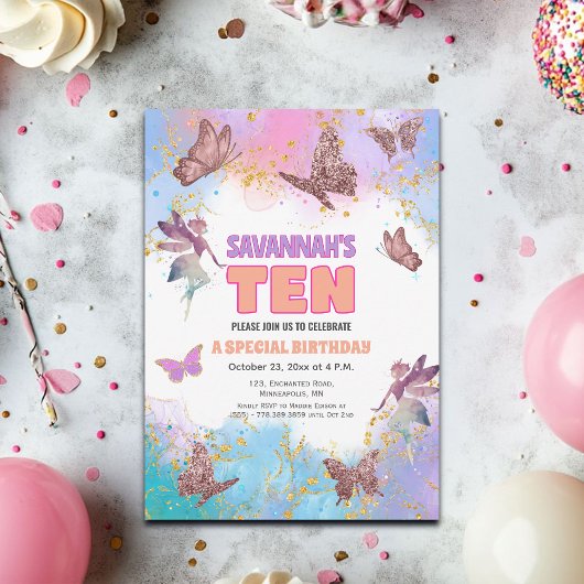 Butterflies Fairy Gold Glitter 10th Birthday Party Kaart