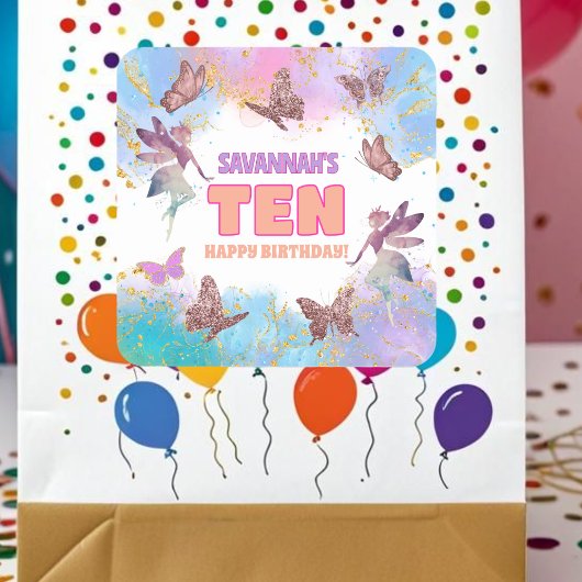 Butterflies Fairy Gold Glitter 10th Birthday Party Vierkante Sticker