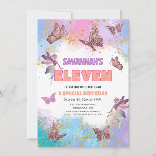 Butterflies Fairy Gold Glitter 11th Birthday Party Kaart (Voorkant)