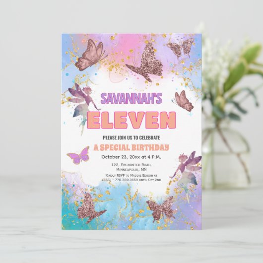 Butterflies Fairy Gold Glitter 11th Birthday Party Kaart (Staand voorkant)