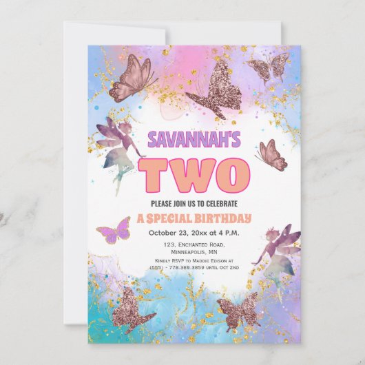 Butterflies Fairy Gold Glitter 2nd Birthday Party Kaart (Voorkant)