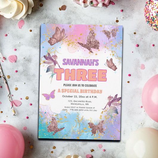 Butterflies Fairy Gold Glitter 3rd Birthday Party Kaart