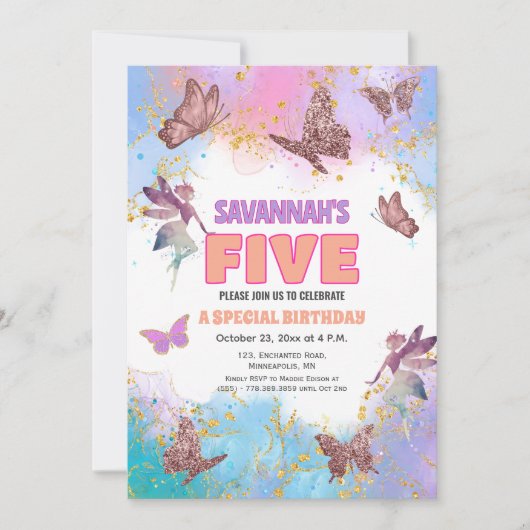 Butterflies Fairy Gold Glitter 5th Birthday Party Kaart (Voorkant)