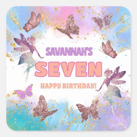 Butterflies Fairy Gold Glitter 7th Birthday Party Vierkante Sticker (Voorkant)