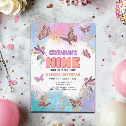 Butterflies Fairy Gold Glitter 9th Birthday Party Kaart