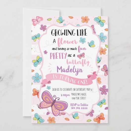 Butterflies First Birthday Uitnodiging (Voorkant)