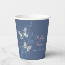 Butterflies floral swirl dark blue coral