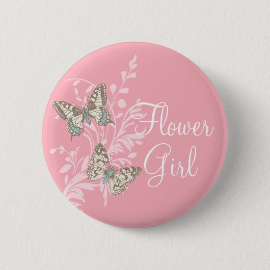 Butterflies flower girl roze trouwpen met knop ronde button 5,7 cm (Voorkant)