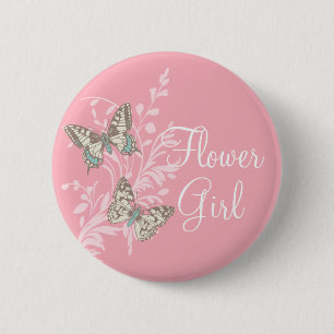 Butterflies flower girl roze trouwpen met knop ronde button 5,7 cm