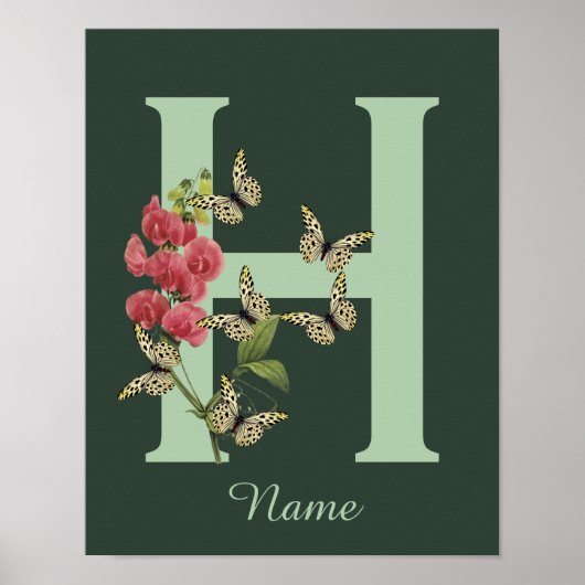 Butterflies Flower Monogram Initial H Personalized Poster (Voorkant)
