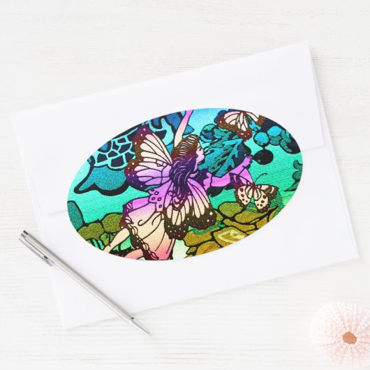 Butterflies, Flowers, Rainbow, Angel Ovale Sticker (Envelop)