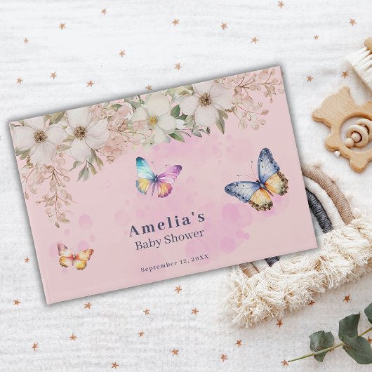 Butterflies Flowers Roze Baby shower Gastenboek