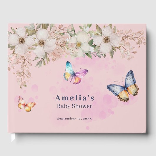 Butterflies Flowers Roze Baby shower Gastenboek (Voorkant)