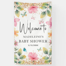Butterflies Flowers Roze Baby shower Welkom