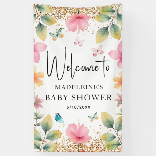 Butterflies Flowers Roze Baby shower Welkom Spandoek (Verticaal)