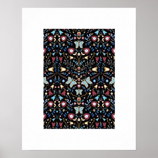 Butterflies Folk Art Floral Pattern Poster (Voorkant)